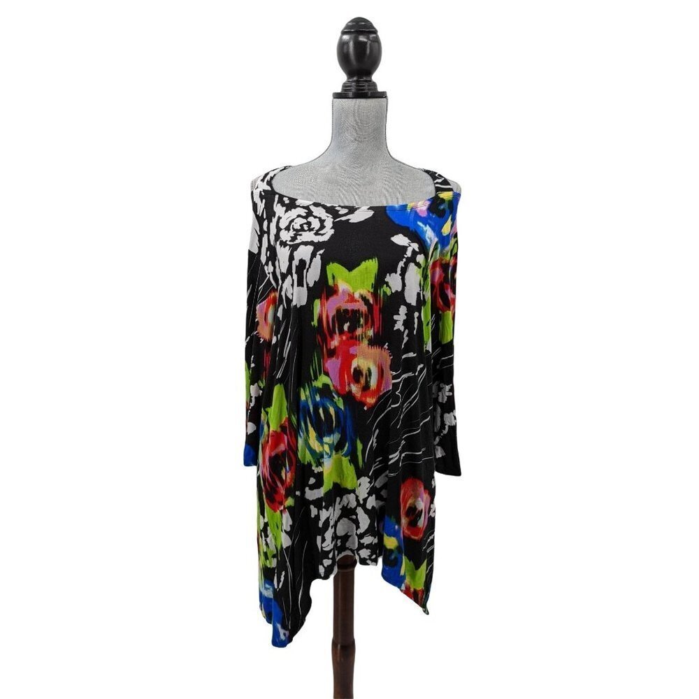 Thomas‎ & Olivia Tunic Womens XL Floral Cutout Shoulder Black 3/4 Sleeve